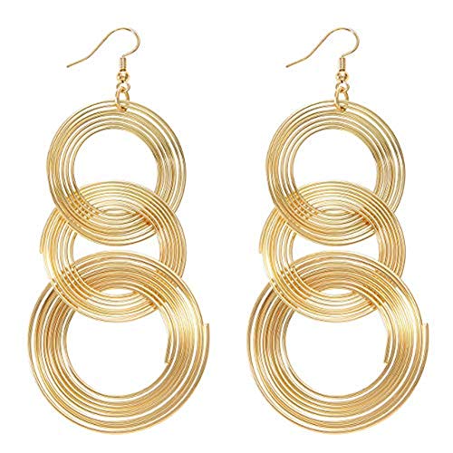 Women Gold Plated Long 70s Disco Earrings hoop round 3 circles Multi-layer drop big alloy geometric party wear Earring