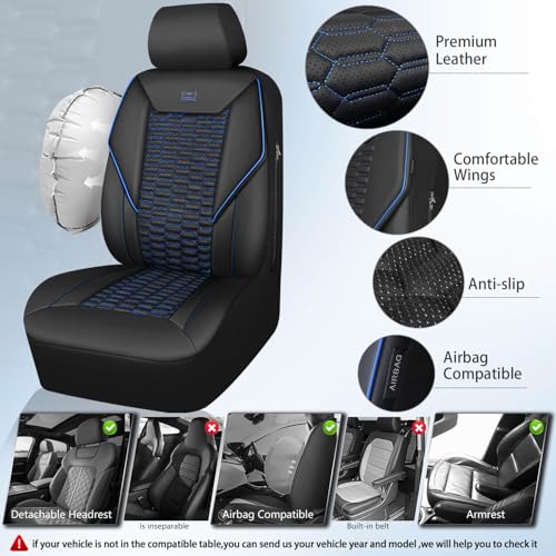 Image of CAR PASS 3D Foam PU Leather Car Seat Covers Front Seats, Blue Faux Leather Front Seat Covers for Car, Universal Fit for SUV Truck Sedan Automotive, Armrest Airbag Compatible,Black and Blue