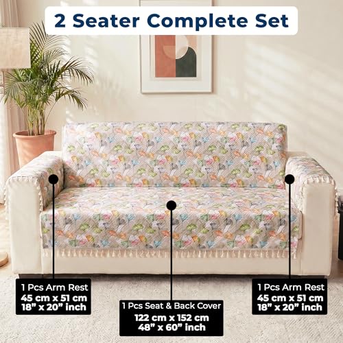 Image of Story@Home Sofa Cover with Tassel for 2 Seater Sofa | Full Protection for Seat Back & Arms | Quilted Velvet Anti Slip Sofa Mat for 2 Seater with 2 Armrest Covers (152x122 Cm) - White & Multi Color