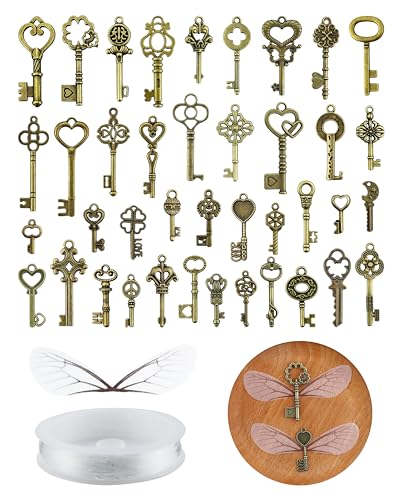 YETOOME 40 PCS Vintage Skeleton Keys Flying Keys Charms with 40 Pairs Dragonfly Wings and 30 Yards Elastic Crystal String Jewelry Making Necklace Crafts Room Decorations
