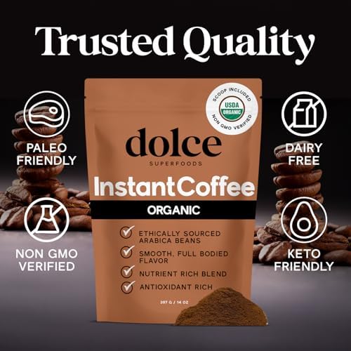 Miniatura 3 de Dolce Superfoods Café instantáneo orgánico - Certificado USDA, sabor audaz y suave, 14 onzas aptas para viajes, sin aditivos, sin OMG