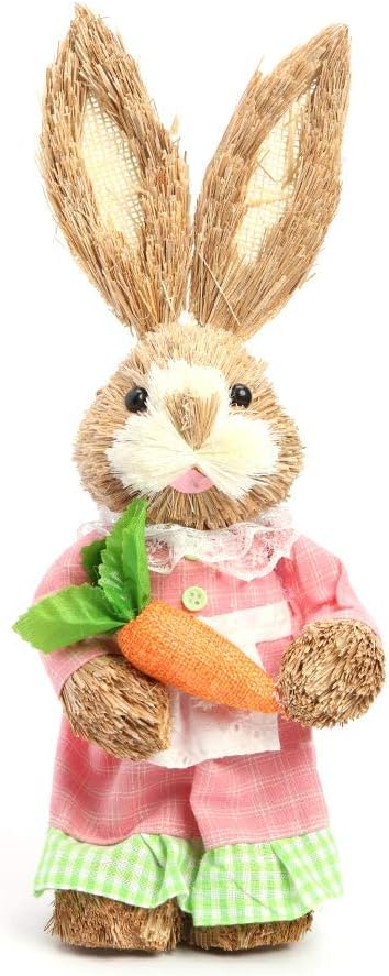 Easter Decorations Straw Easter Bunny Rabbit Ornaments Craft Figurine for Home Garden Table Decoration Toy Gifts 34cm High (Pink)