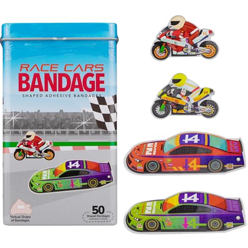 BioSwiss Bandages Race Cars Shaped Self Adhesive Bandage Set Latex Free Sterile Wound Care 50 Count
