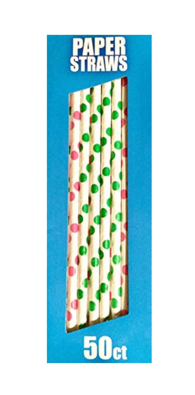 Paper Straws for Parties, Weddings, Baby Showers White with Pink or Green Polka Dot Dots Unisex - Disposable & Eco-Friendly, 100% Biodegradable - Boxed 50 Count