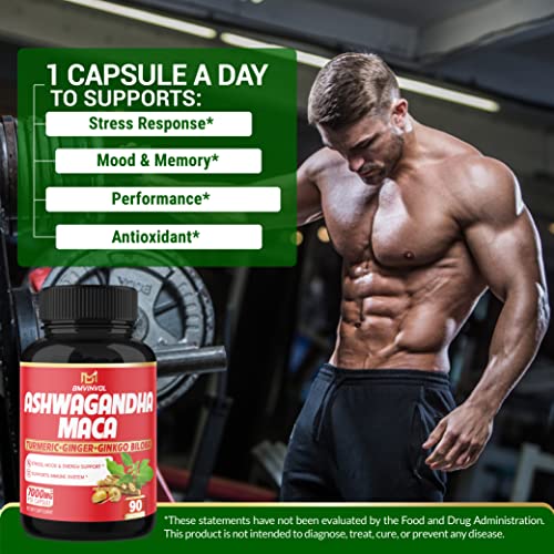 (𝟑 𝐦𝐨𝐧𝐭𝐡𝐬 𝐬𝐮𝐩𝐩𝐥𝐲) Ashwagandha Maca Root Supplement - 𝟕𝟎𝟎𝟎𝐦𝐠 Herbal Equivalent With Turmeric Ginger - Supports Stress, Mood & Strength - Ashwagandha Capsules Maca Pills #TOP5