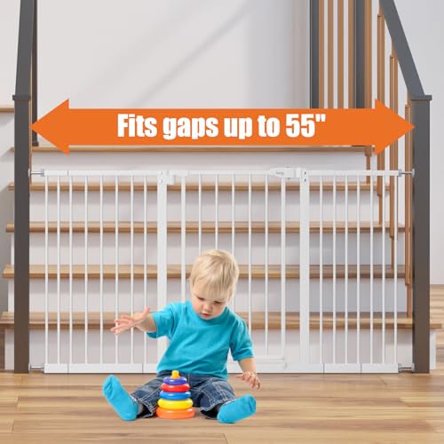 Image of keny 29 inch-55 inch Extra Wide Baby Gate, Pressure Mounted No Drilling Dog Gate | for Stairs Doorways, Easy Walk Through Safety Gate for Babies or Pets, 30 inch Tall, White