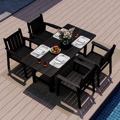 Image of Pamapic Patio Dining Table Set, 5-Piece Outdoor Dining Set for 4, Black | 1 Rectangular Table & 4 Armchairs, Wood-Grain HDPE, All-Weather Design, Umbrella Hole