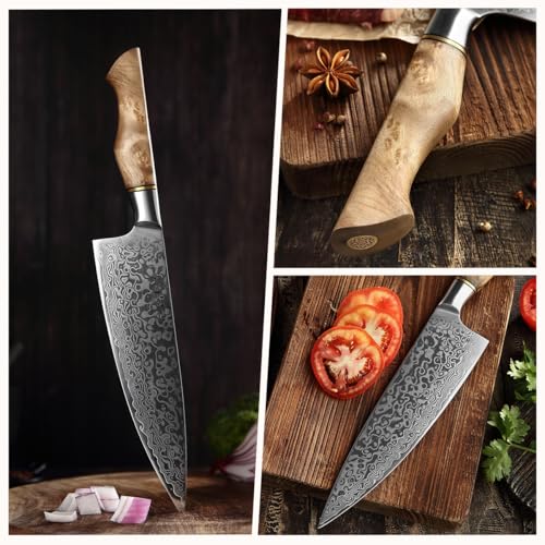 HEZHEN-8.3” Chef's Knife Professional Kitchen Knife, 67 Layers Damascus Steel Chef Knife, Japanese Style Stainless Steel Gyuto Knife,Figured Sycamore Wood Handle Cooking Tool - Image 8