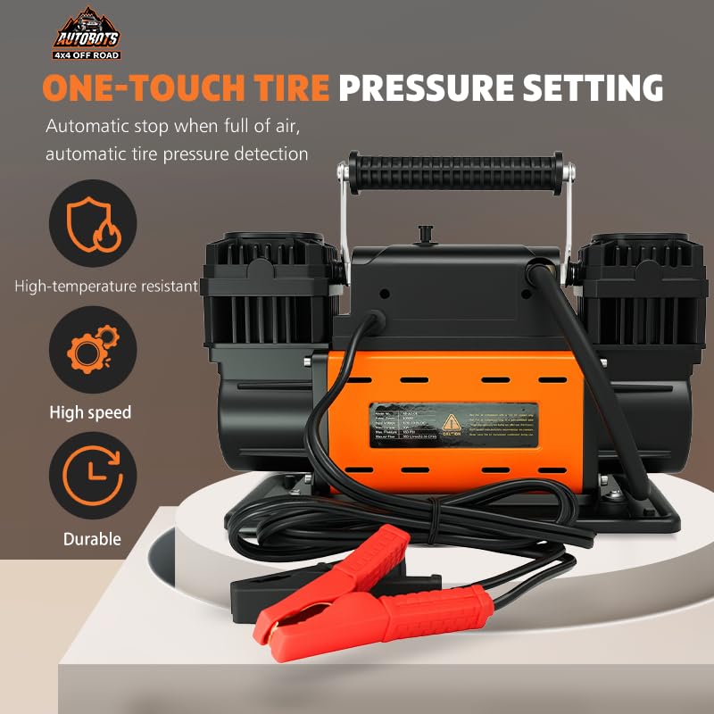Compresor de Ruedas Portátil Bicilíndrico 12V 350L/min 150PSI con Pantalla LCD Inteligente Auto Stop, Accesorios y Bolsa Reforzada