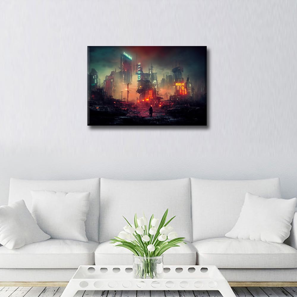 1 Panel Cyberpunk Canvas Wall Decor Cyberpunk Post Apocalyptic City Poster Prints on Canvas for Living Room Entertainment Room Wall Decor Framed to Hang 16 x 24 inch - Image 4