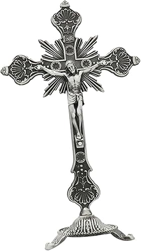 Fenteer Crucifijo de pie Crucifijo católico de 10 pulgadas con soporte, crucifijo de Jesús para escritorio, decoración del hogar, mesa de comedor,