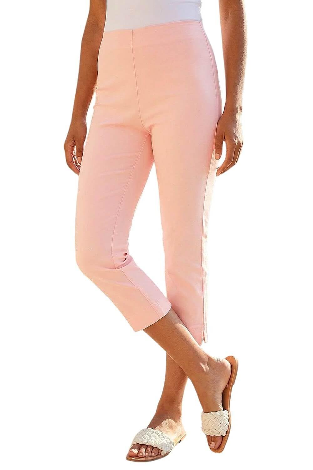 Roman Cropped Trousers for Women UK Ladies Capri Leggings Summer Pants Short Crop Stretch 3/4 Length Three Quarter Pedal Pusher Clothes Elasticated Bengaline Cut Off - Light Pink - Size 22