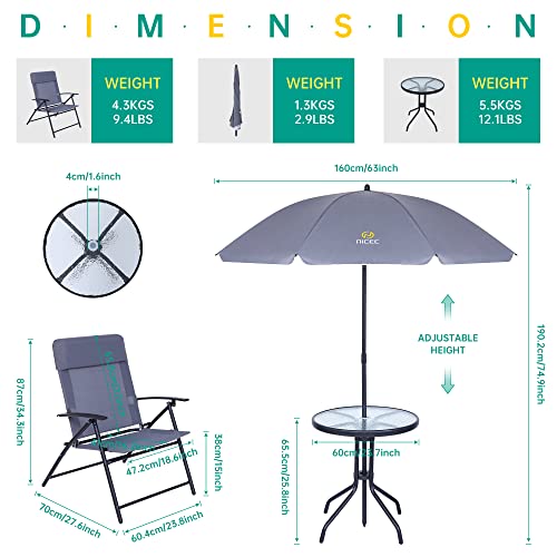 Nice C 3 Piece Patio Dining Set, Garden Outdoor Furniture Table Set With Tilted Removable Umbrella, Glass Table, And 2 Folding Chairs (Grey) #TOP4