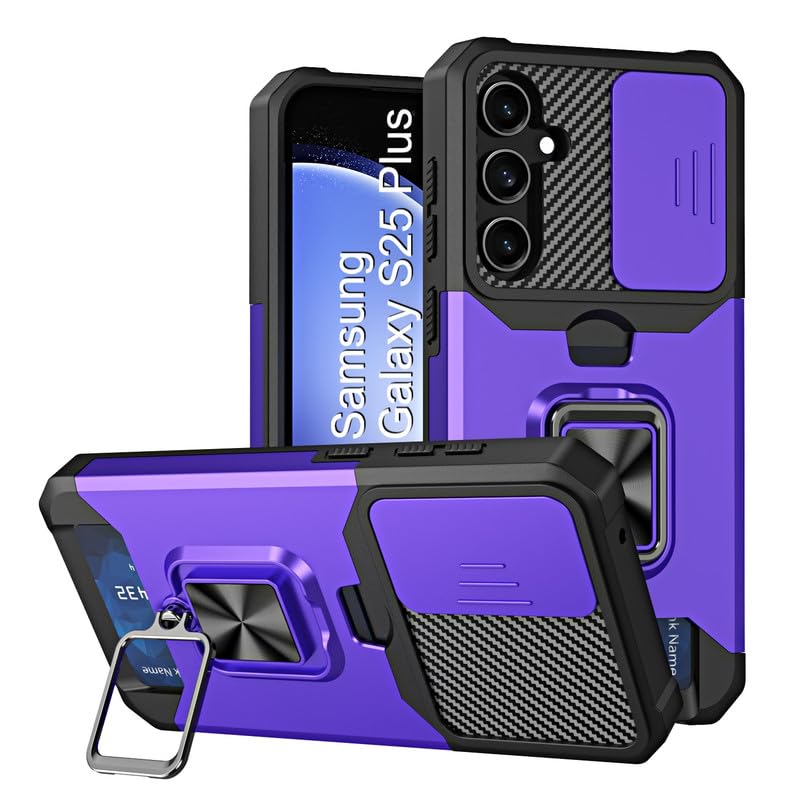 Image of LuxuryKase Shockproof Armor Case for Samsung Galaxy S25 Plus | Slide Camera Cover | Hidden Card Slot | Rotating Ring Kickstand | Magnetic Car Mount Support | Military Grade Protection - Purple