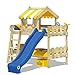 WICKEY Etagenbett Crazy Circus Kinderbett Hochbett mit Rutsche, Dach und Lattenboden, gelbe Plane + Blaue Rutsche, 90x200 cm