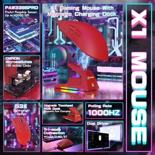 Image of ATTACK SHARK X1 Ultralight Tri Mode Wireless 40000 DPI Gaming Mouse-Red | Magnetic RGB Charging Dock,PixArt PAW3395 Pro Sensor,BT /2.4Ghz /Wired,1K Polling,Optical Micro Switch,Driver for PC Mac Gamer