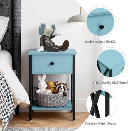 Image of VECELO Nightstands, Modern Bedside End Tables Set of 2, Night Stand with Drawer and Storage Shelf for Living Room Bedroom, Industrial Metal Frame