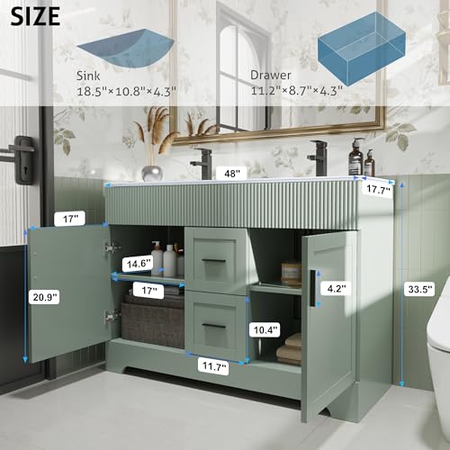 Image of eclife 48 inch Bathroom Vanities Sink Combo with Painted Surface, Modern Drawered Cabinet W /Decorative Wave Lines, Undermount Double White Sink, Matte Black Faucet Drain, Gray Green