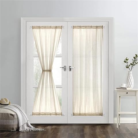 GYROHOME Beige French Door Curtains Faux Linen Sheer Voile Drapes Sunlight Filtering Protect Privacy Sidelight Curtains for Siding Glass Door Including Tiebacks, 2 Panels, 48x72inch Cover