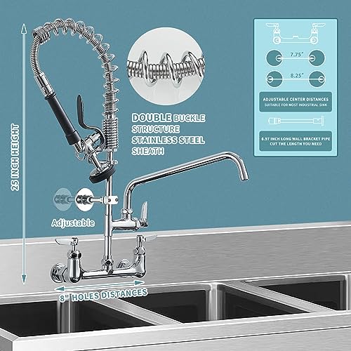 Image of Fapully Commercial Kitchen Faucet,Wall Mount Kitchen Sink Faucet with Pre-Rinse Pull Down Sprayer,25'' Height 8'' Center 3 Compartment Sink Faucets with 12.2'' Swing Spout Chrome