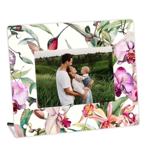 Mintoprints Marco de fotos de colibrí de 5 x 7 pulgadas, diseño de flores de hibisco de 4 x 6 pulgadas con paspartú o de 5 x 7 pulgadas sin paspartú, marco de fotos acrílico para exhibición de mesa