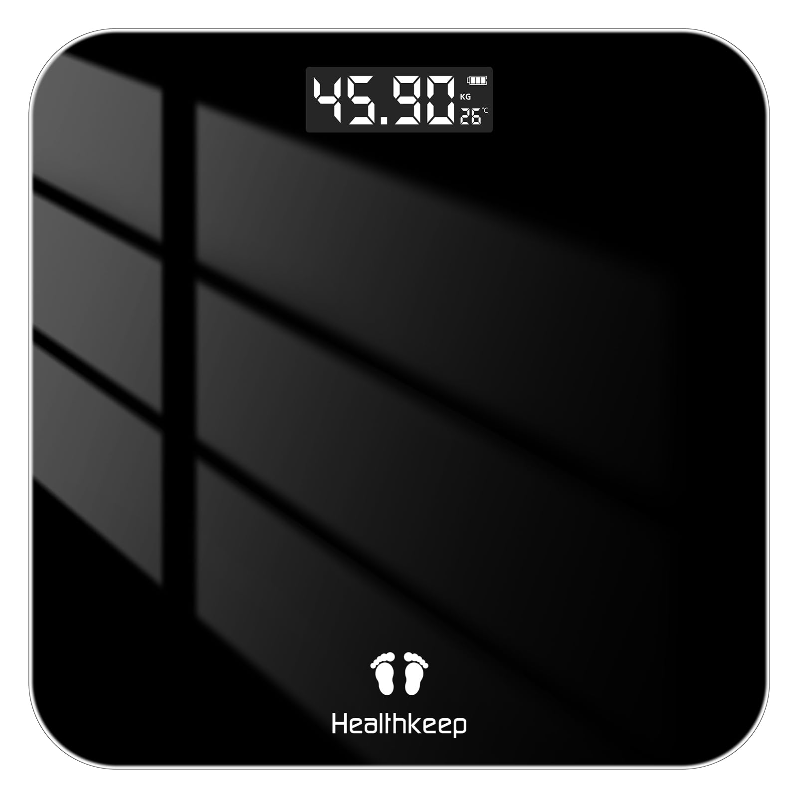 Healthkeep Personenwaage, Körperwaage mit Hochpräzisions-Sensoren, Personen Digitalwaage mit Step-On-Technik, Gewichtswaage aus Sicherheitsglas, Schwarz (260 schwarz 202403)
