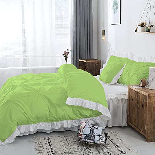Image of 300 TC Pinch Ruffle 2 Tone Duvet /Razai /Blanket Cover with 2 Pillow Cover- 100% Cotton (Zipper Closure) Razai Cover 3 PC Set, Soft & Lightweight-King Size White /Sage