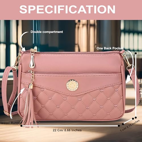 Image of SHAMRIZ Korean Style Quilted Sling Bag for Girls | Cute Heart Pattern Crossbody Purse with 3 Zipper Compartments | Fancy Tassel Side Bag for Party, Wedding & Gifts | Mini Slingbag /One Side Bag