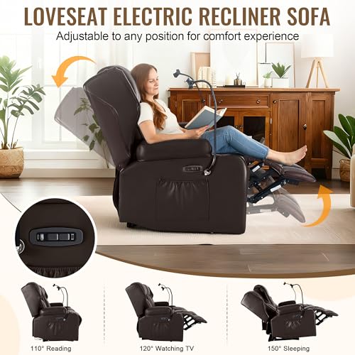 Image of Power Recliner Loveseat for Living Room, Loveseat Sofa with Center Console, USB Type-C Port, Leather Chair with Vibration Massage and Heat, Speaker Oversized Recliner Chair for Home Theater (Brown)