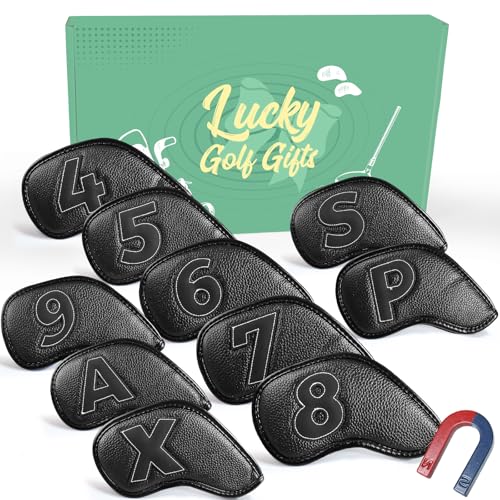 Golf Iron Headcovers Synthetic Leather Magnetic Closure 10 Pcs Golf Club Head Covers Double Side Number Lightweight Protection Fit All Brands Available Set for Sport Outdoor (Black)