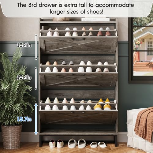 Image of Maupvit Shoe Storage Cabinet with 3 Flip Drawers, Freestanding Organizer with Metal Legs for Entryway, Narrow Shoe Rack Cabinet, Light Rustic Oak