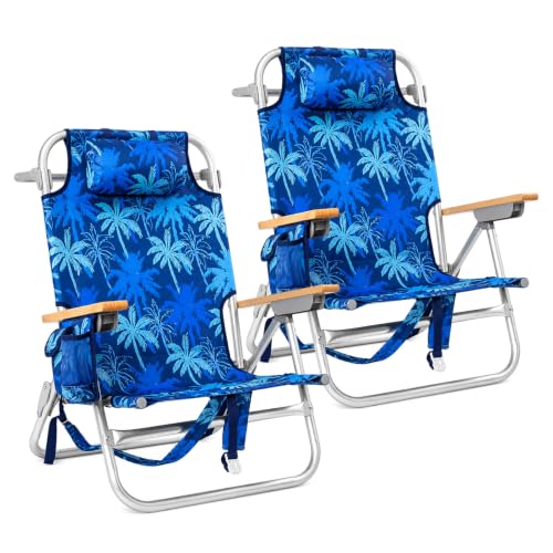 2 Pack Backpack Beach Chairs for Adults Capacity 300 LBS Low 5 Position Beach Chair with Pouch Straps Folding Lightweight Reclining Aluminum Wide Lay Flat Single