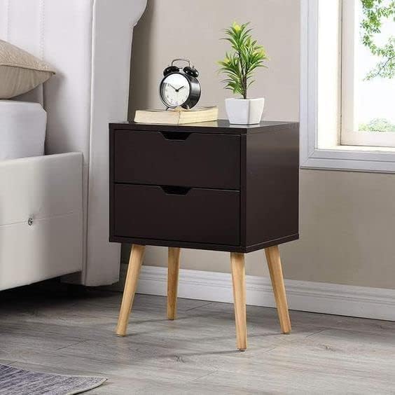 Mid-Century Modern Nightstand with 2 Drawers, Brown, Solid Wood Legs, Bedside Table for Bedroom-image-1