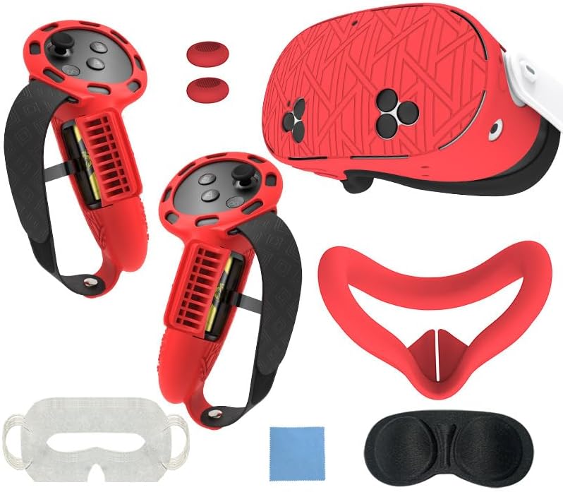 Silicone Protective Cover Set Compatible with Meta/Oculus Quest 3S, VR Headset Shell, Controller Grips, Facial Interface, Lens Cover (Red)