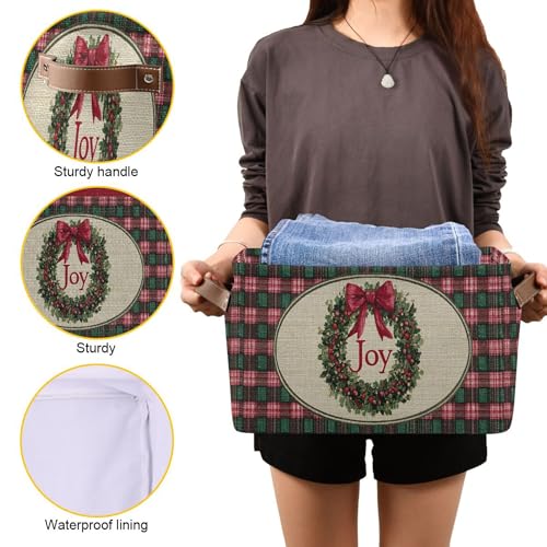 Image of Christmas Joy Wreath Bow Knot Storage Basket with Waterproof Liner and PU Handles Winter Poinsettia Buffalo Plaid Storage Bins Boxes 14.2 inch Collapsible Decorative Baskets for Bedroom Office 1 Pack