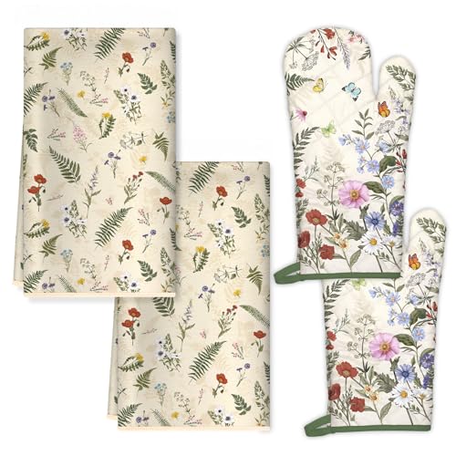 Arquiel Lot de 4 Herbe Rétro Gants et maniques en Coton Résistant à Chaleur, Torchon Cuisine en Polyester Absorbant pour la Cuisson du Barbecue Cadeau pour...