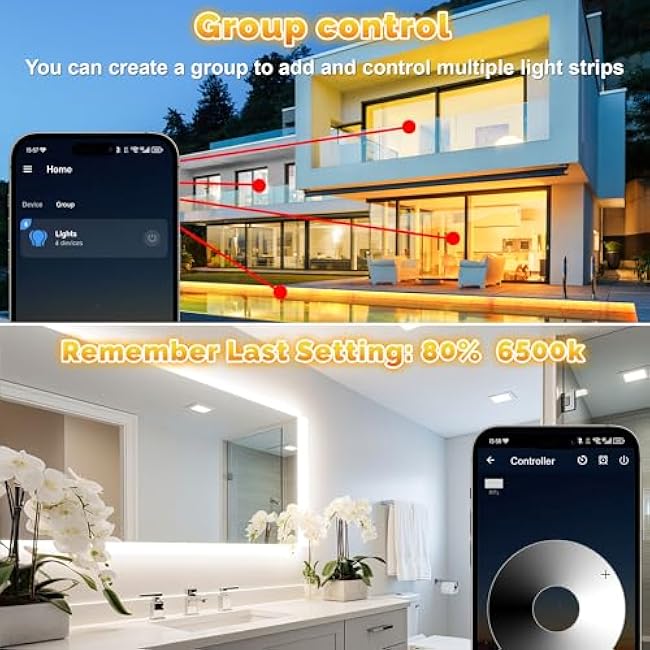 65.6FT Outdoor LED Strip Lights Waterproof IP67, Dimmable 3000K-6500K Warm White LED Rope Lights Outdoor Waterproof with Remote & APP, 24v Adhesive Exterior Lighting for Patio, Deck, Gazebo