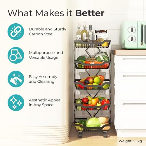 Image of The Better Home Collapsible storage baskets Black | Stackable Kitchen Basket For Storage | Carbon Steel Collapsible Foldable Basket For Fruits And Vegetables | Rust-Resistant | Unbreakable (5 layer)