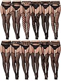 Skylety 12 Pairs Women Fishnet Thigh High Stockings Patterned Tights Suspender Pantyhose Stockings for Women(Classic)