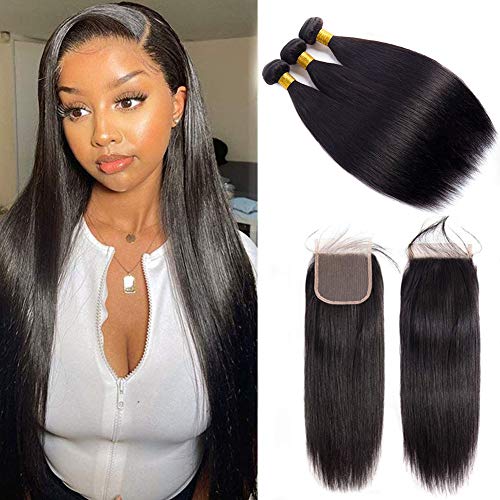 HD Lace Closure 5x5 Human Hair Lace Closure with 3 Bundles brazilian Straight Hair 5x5 Lace Closure (18 20 20+16 inch)