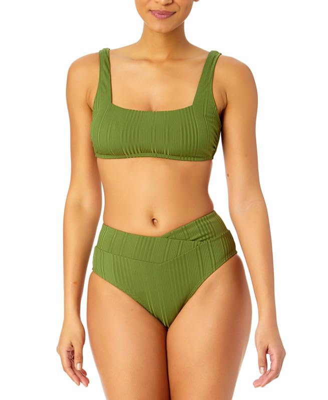 Women's Juniors' Ribbed Square-Neck Bikini Top (Olive, Large)
