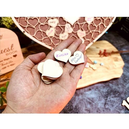 Image of Wedding Guest Book Unique Wooden Heart Alternative GuestBook Bridal Shower Wedding Decoration with 83 Wooden Hearts 1 Sign Pen Set (Reddish Brown)