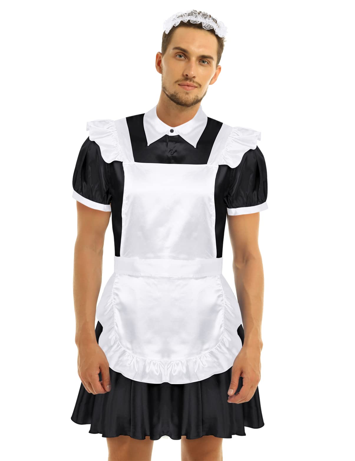 Aislor Men's Satin Frilly Dress Sissy French Apron Maid Cosplay Costume Crossdress Nightwear Pajamas - Black XX-Large
