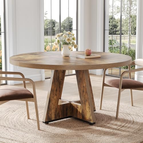 Image of LITTLE TREE Round Dining Table for 4-6 People, 47 Inches Dining Room Table with Wooden Pedestal Base, Circle Kitchen Tables for Dining Room, Kitchen, Living Room, Rustic Brown