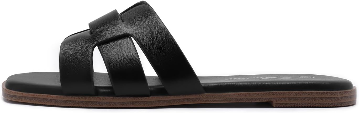 Athlefit Women's Flat Sandals Dressy Summer Square Open Toe Slip On Leather Slide Sandals - Image 3