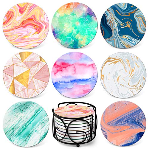 Greatest Product Coaster for Drinks by Teivio - Absorbing Stone Coasters with Cork Base,Metal Holder, Stone Coasters Set Suitable for Kinds of Mugs and Cups, Set of 8 (Marble)