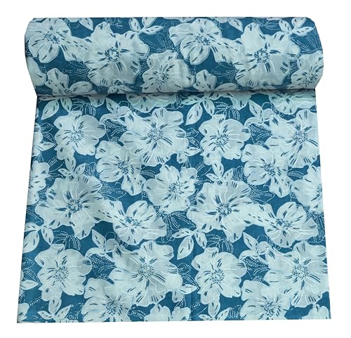 Image of 2 Meter Hand Block Indian Cotton Unstitched Jaipuri Handmade Digital Printed Fabric Material for Women Kurta /Blouse /Palazzos /Piece Material for Women's (Blue Flower)