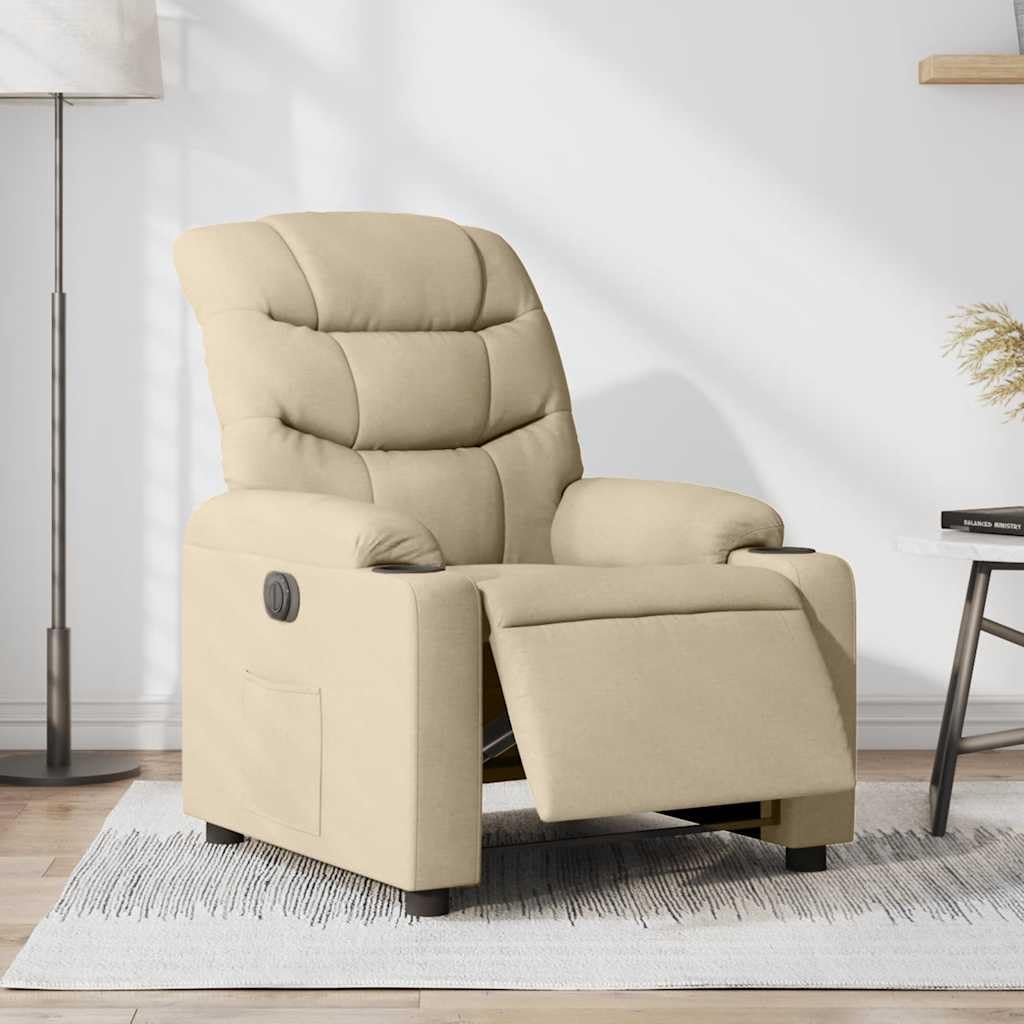 Poltrona relax elettrica in tessuto crema con funzione reclinabile elettrica, poggiapiedi e schienale, 75,5 x 93 x 99,5 cm, comoda sedia imbottita per soggiorno, camera da letto e angolo
