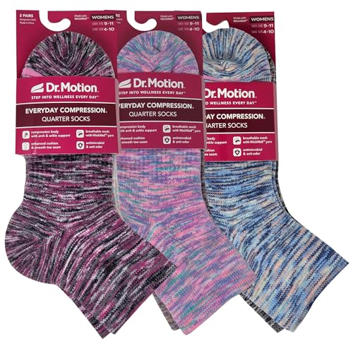 Dr. Motion Compression Quarter Socks For Women With Enhanced Cushion And Breathable Arch Support 6 Pairs (US Numeric 9 11 Regular Regular Assorted #2)