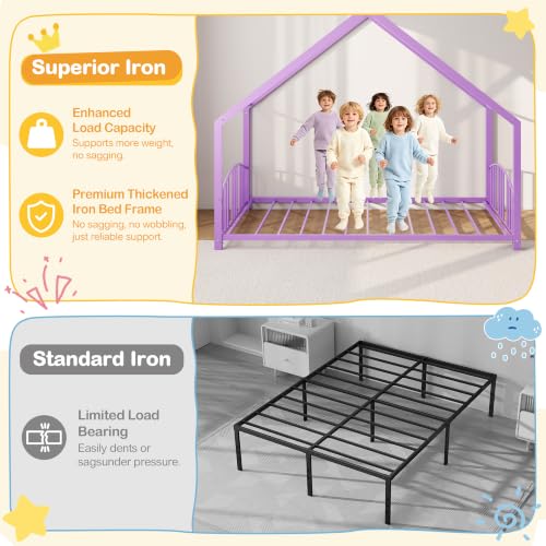 Image of Garvee Twin Size Metal House Bed Frame for Kids, Purple